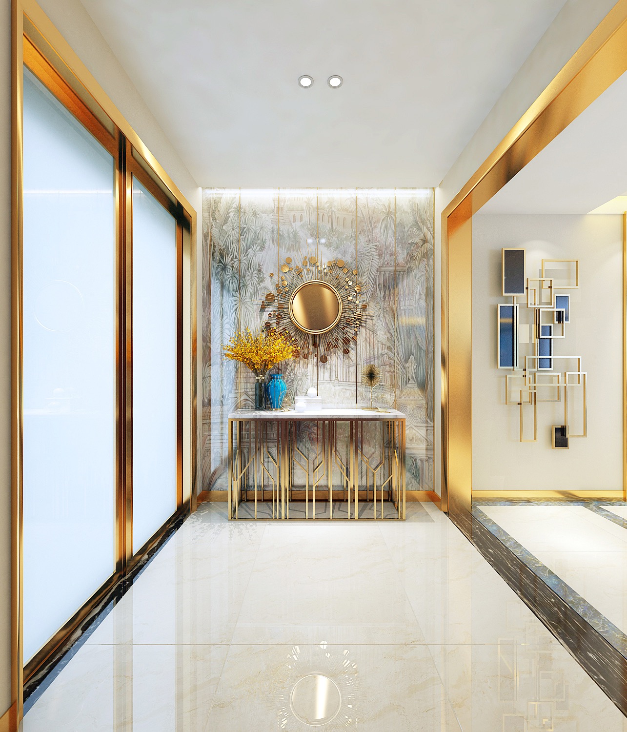 這個(gè)是在入戶(hù)門(mén)的玄關(guān)展示 對(duì)面陽(yáng)臺(tái)的落地玻璃窗,整體線(xiàn)條是金屬_裝修美圖-新浪家居